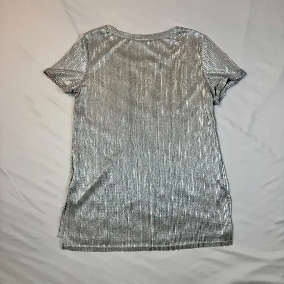 Bar III Metallic Ribbed Textured Top Silver Women’s Medium Scoop Neck Shimmer - Picture 10 of 16